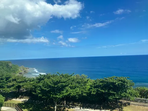 水平線へと続く、緑の丘と青い海