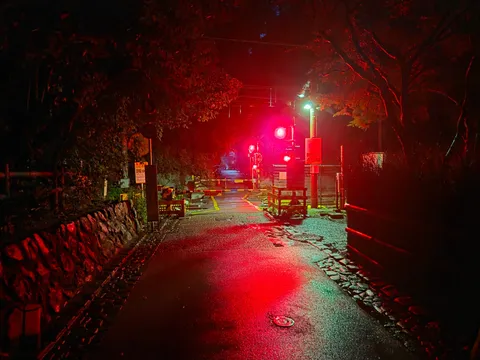 赤灯に濡れた夜道