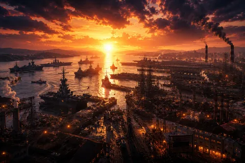 壮大な艦隊、夕焼けに浮かぶ