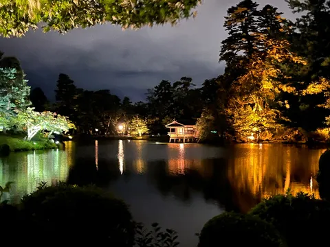 夜の池に映る灯りの灯火