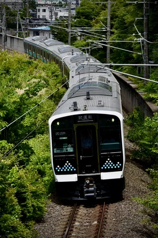 緑に包まれ疾走する試験車両
