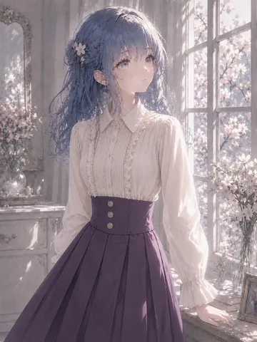 窓辺に咲く、青い髪の少女