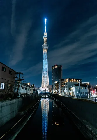 煌めく青、夜の川面に