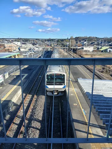 冬晴れの駅に停車する電車