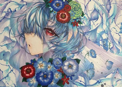 花咲く青い髪の幻想画