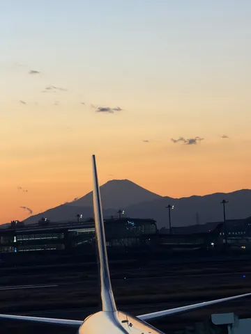 夕焼けに浮かぶ富士山と飛行機