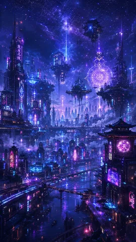 星空を飲み込む！ 紫輝く未来都市