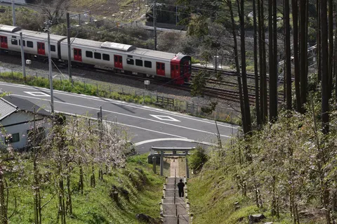 線路と鳥居、春の訪れ
