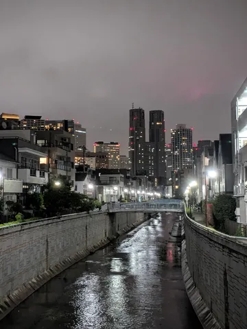 都会の夜、水面に映る光の道