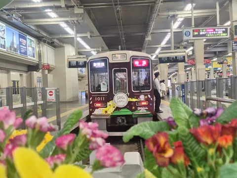 花越しに見る到着列車