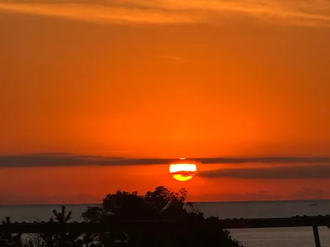 水平線に沈む、燃えるような夕日