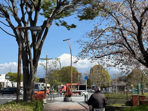 遠景に富士、街角に春風