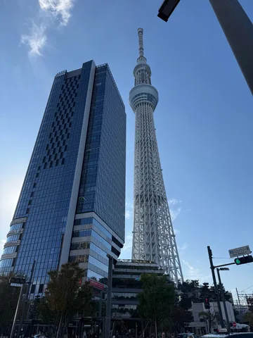 日本晴れ、空へと伸びる都会の建築美