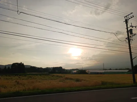 電線と夕暮れの農村風景