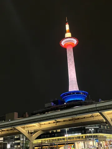 夜空に伸びる紅白青の光