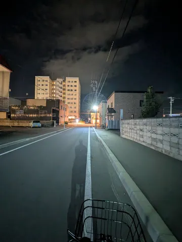 夜の闇に伸びる影、街灯の灯り