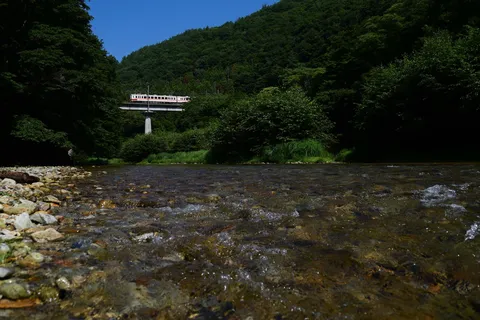 渓流と鉄橋、緑に染まる山