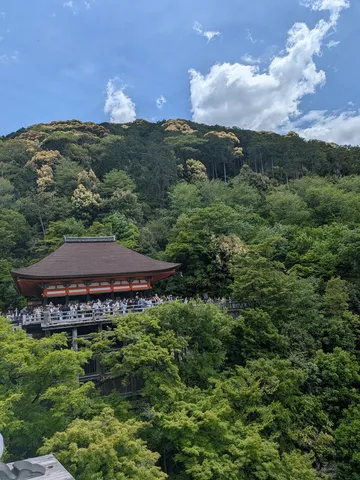緑の山々と古刹のコントラスト