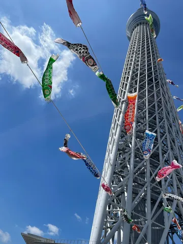 鯉のぼりとそびえる塔
