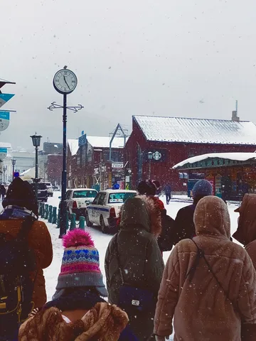 雪降る街並みを歩く人々