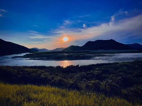 黄金に輝く水辺の夕景