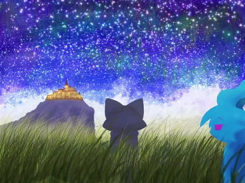 星空と草原の城影