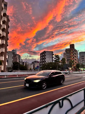 炎色の空と都市を往く車