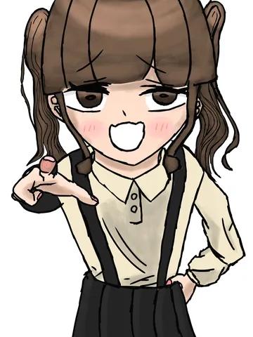指さしポーズでカメラ目線