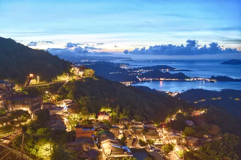 山肌に煌めく光と広がる湾の夜景