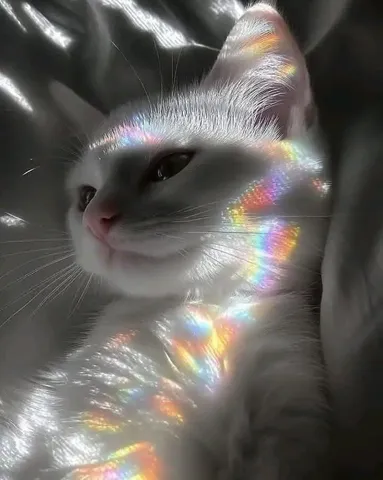 虹色に輝く白猫の幻想的な肖像