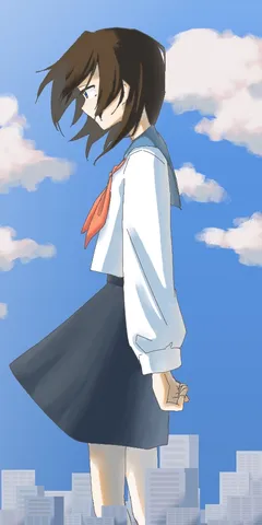 空を見上げる少女、街並み