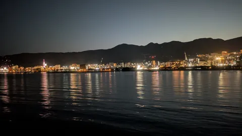 夜景に映る、水面の光の帯