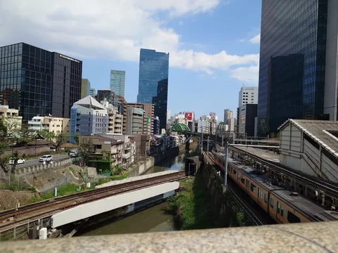 都会の表情、青空と線路