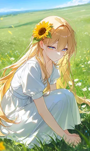 ひまわり娘、草原に佇む