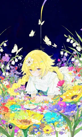 幻想的な花畑と少女