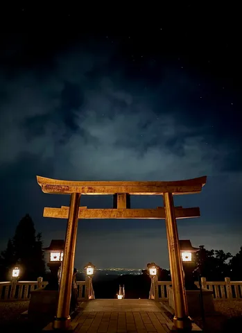 月夜の鳥居と灯りの静謐