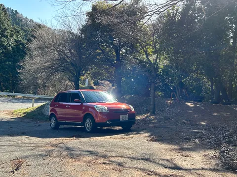 木漏れ日と赤い車