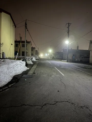 冬の夜、雪と街灯の静寂