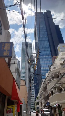 電線と高層ビルが織りなす都会の風景