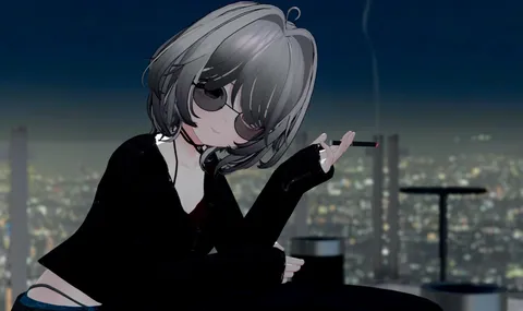 夜景をバックに紫煙をくゆらせる