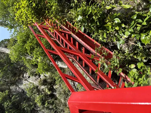 緑と岩肌に映える赤の階段