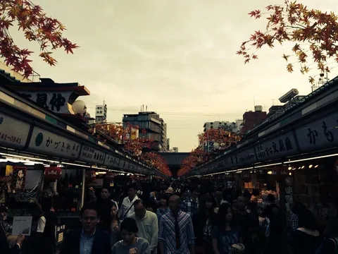 秋の市場に漂う葉影と人波
