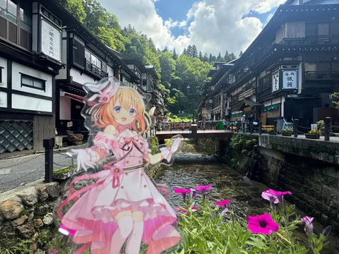 アニメキャラと温泉街の旅情