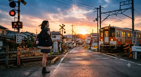夕暮れの踏切、彼女の旅立ち