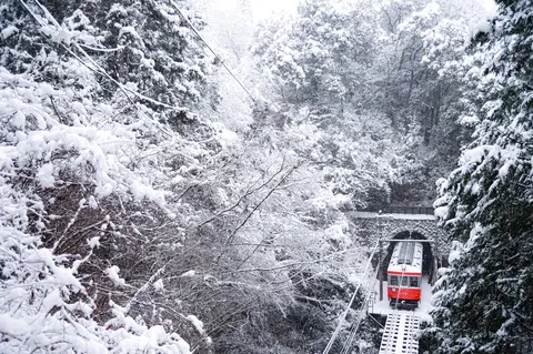雪景色の中を走る赤い列車
