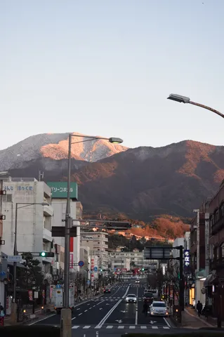 雪山を望む街の道筋