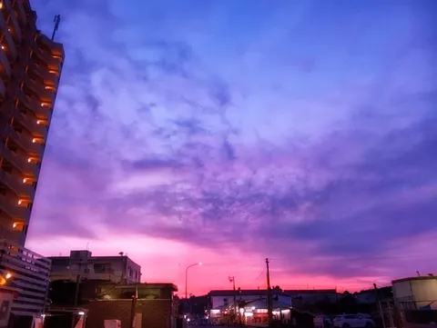 紫とピンクの空が織りなす都会の夕暮れ