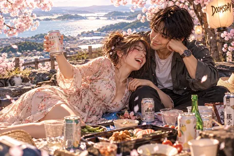 桜下でのんびり乾杯の瞬間