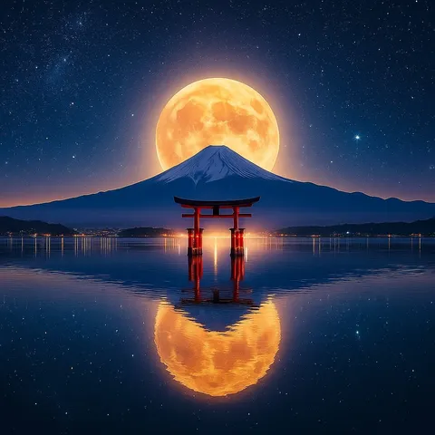月夜に鎮座する水上の鳥居