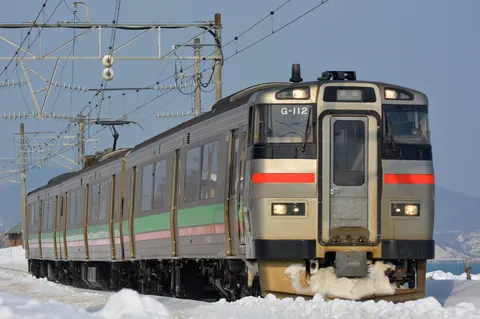 冬の鉄路を駆ける銀色の列車